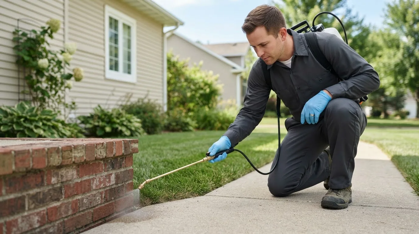 Pest control technician treating a home near Lowell, MI