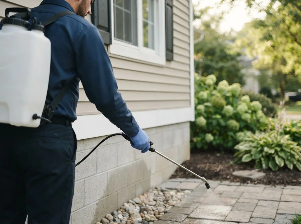Pest control technician inspecting a home in Lowell, MI